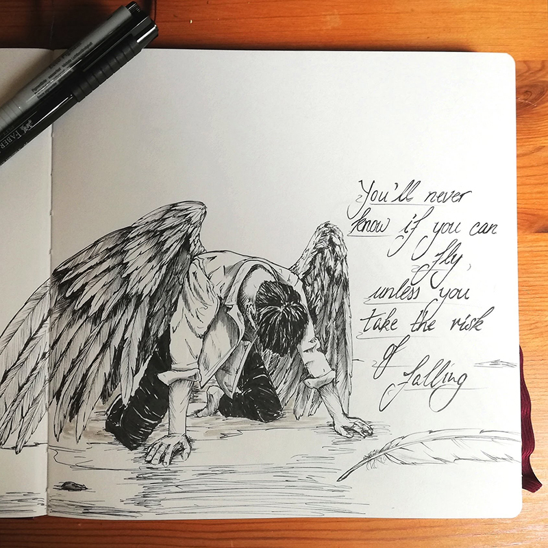 Fallen Angel Fineliner drawing.